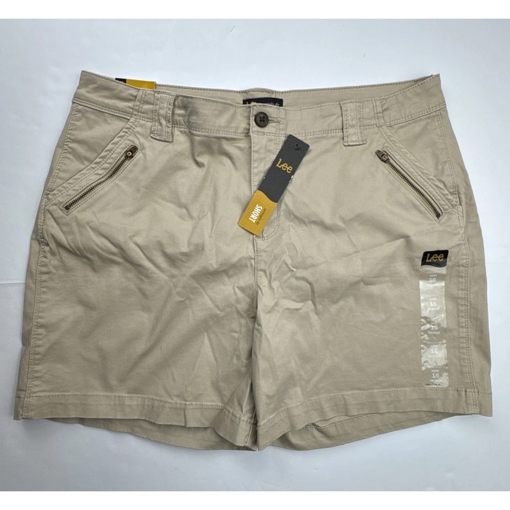 Lee Womens Straight Fit Shorts Size 16 Medium Khaki Cotton Twill Casual Chino